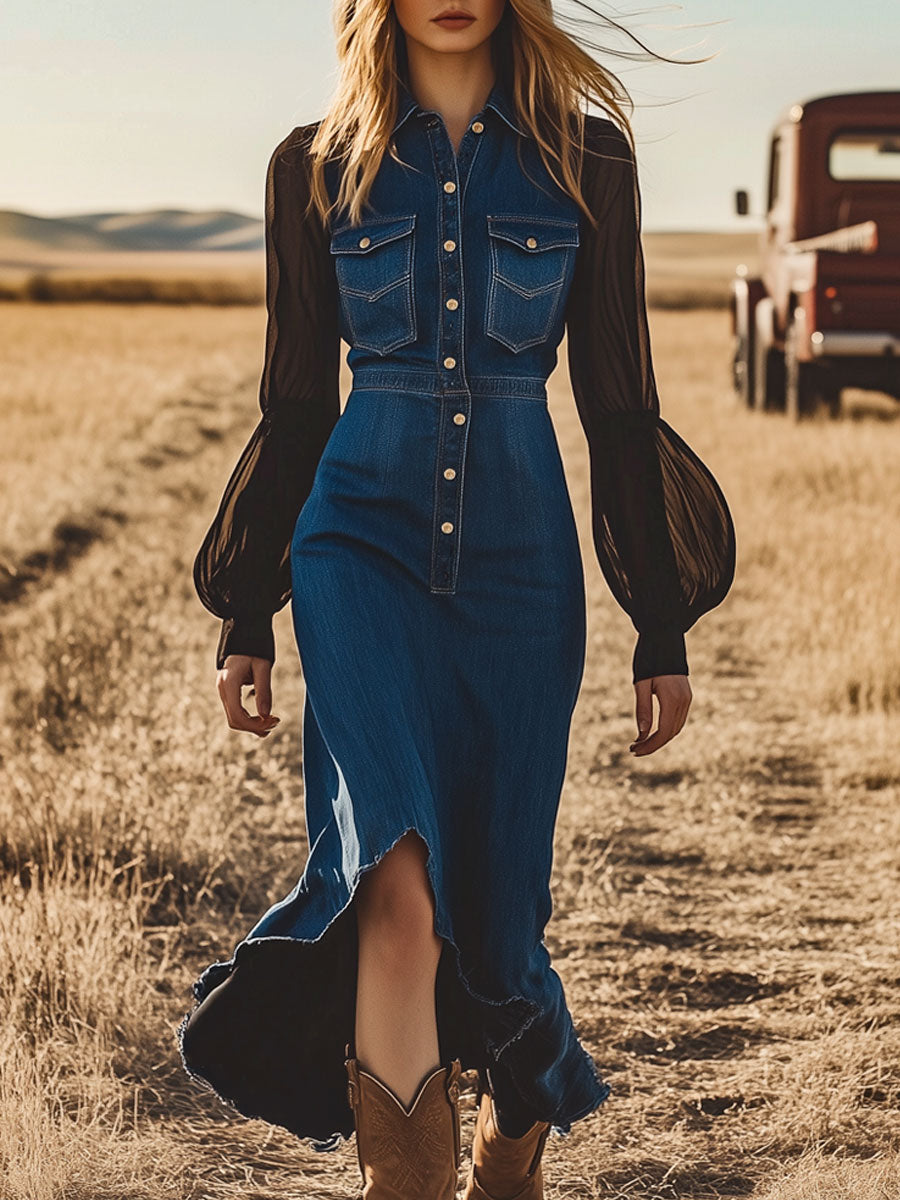 Vintage Dark Blue Denim Chiffon Long Sleeve Raw Edge Midi Dress