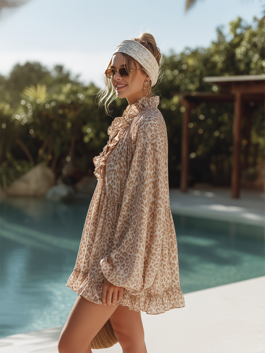 Elegant Bohemian V-neck Ruffled Leopard Print Chiffon Mini Dress