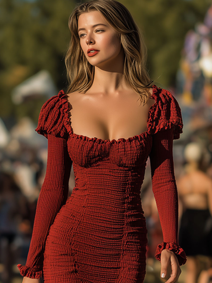Retro Square Neck Ruffle Red Knit Long Sleeve Midi Dress