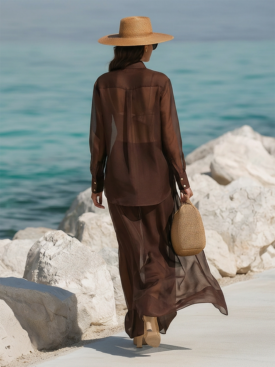 High-end Chic Dark Brown Faux Silk Sheer Shirt And Skirt Set