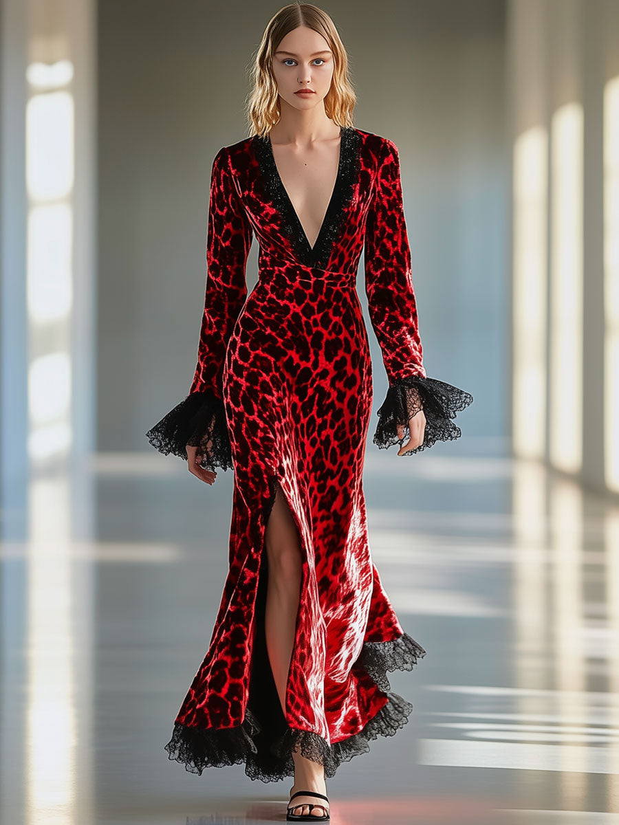 Vintage Velvet Red Leopard Print V-Neck Lace Slit Long Sleeve Maxi Dress