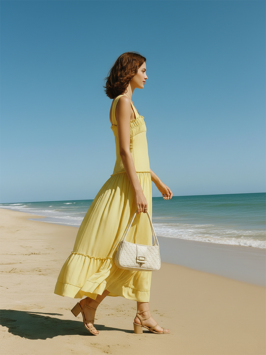 Vacation-style Yellow Cotton Off-the-shoulder Maxi Dress