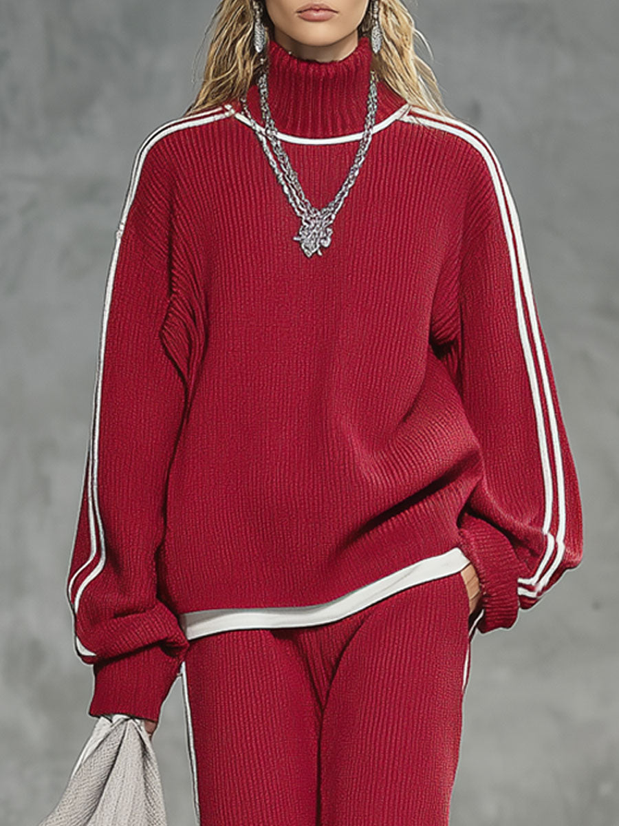 Casual Retro Striped Red Turtleneck Sweater Wide-Leg Pants Set