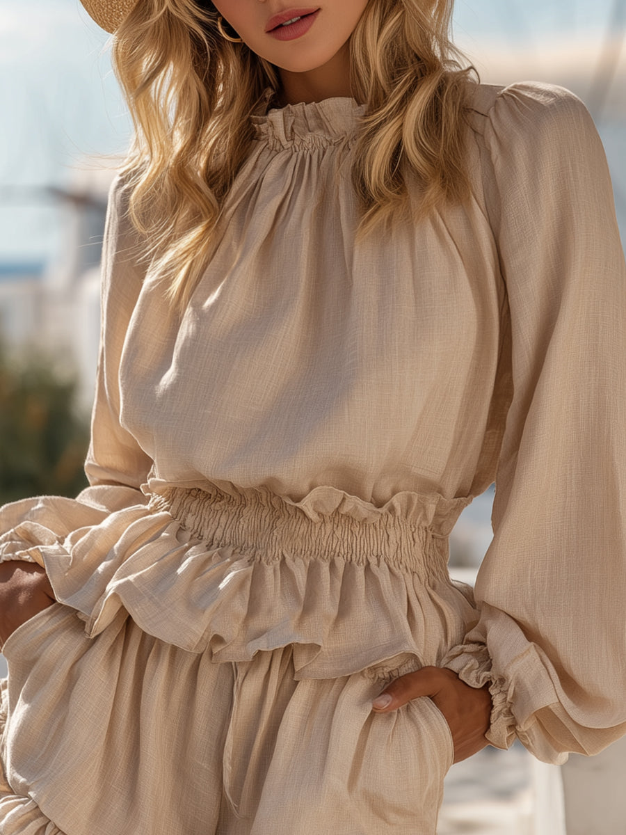 Resort Casual Beige Cotton And Linen Shorts Set With Ruffle Trim