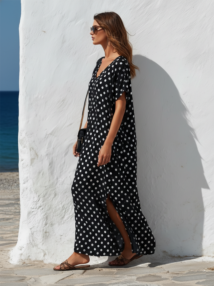 Resort-style Black And White Polka Dot V-neck Short-sleeved Maxi Dress