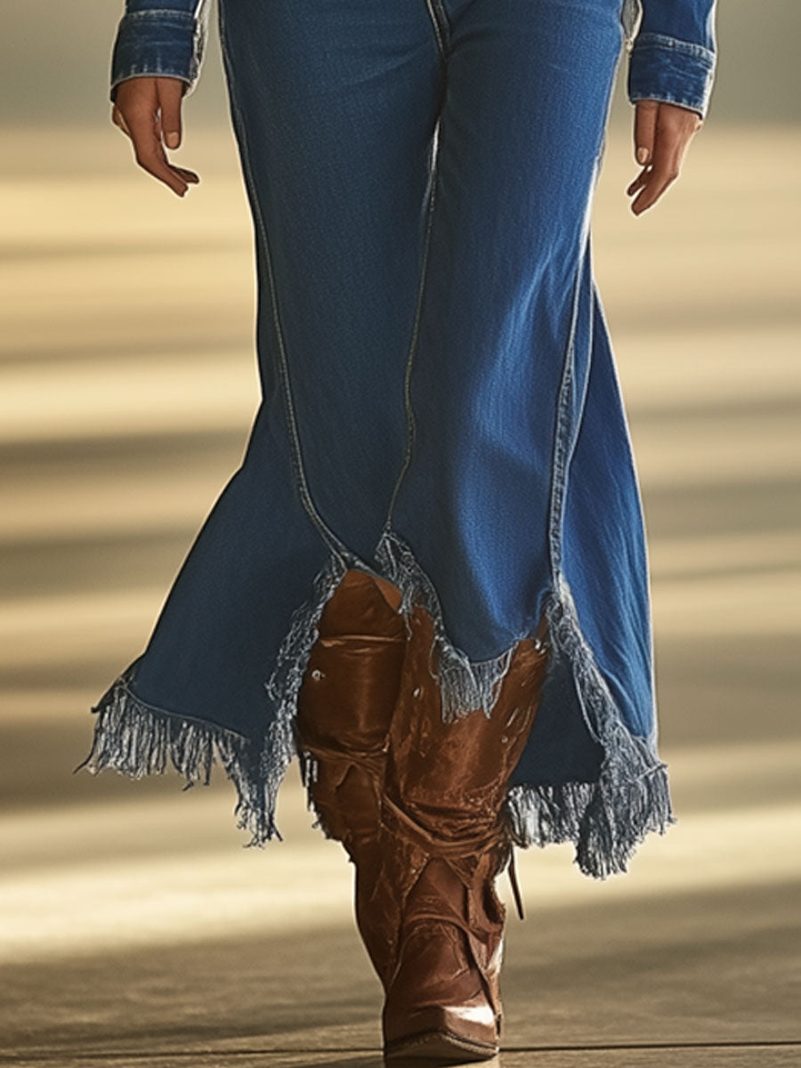 Vintage Blue Denim Long Sleeve Flared Slit Raw Edge Jumpsuit