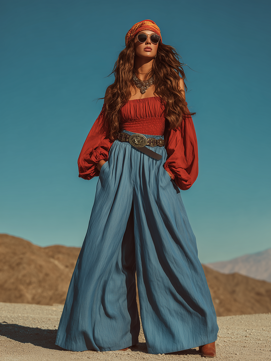 Retro Bohemian Red Cotton Off-Shoulder Top And Blue Tencel Wide-Leg Pants Set