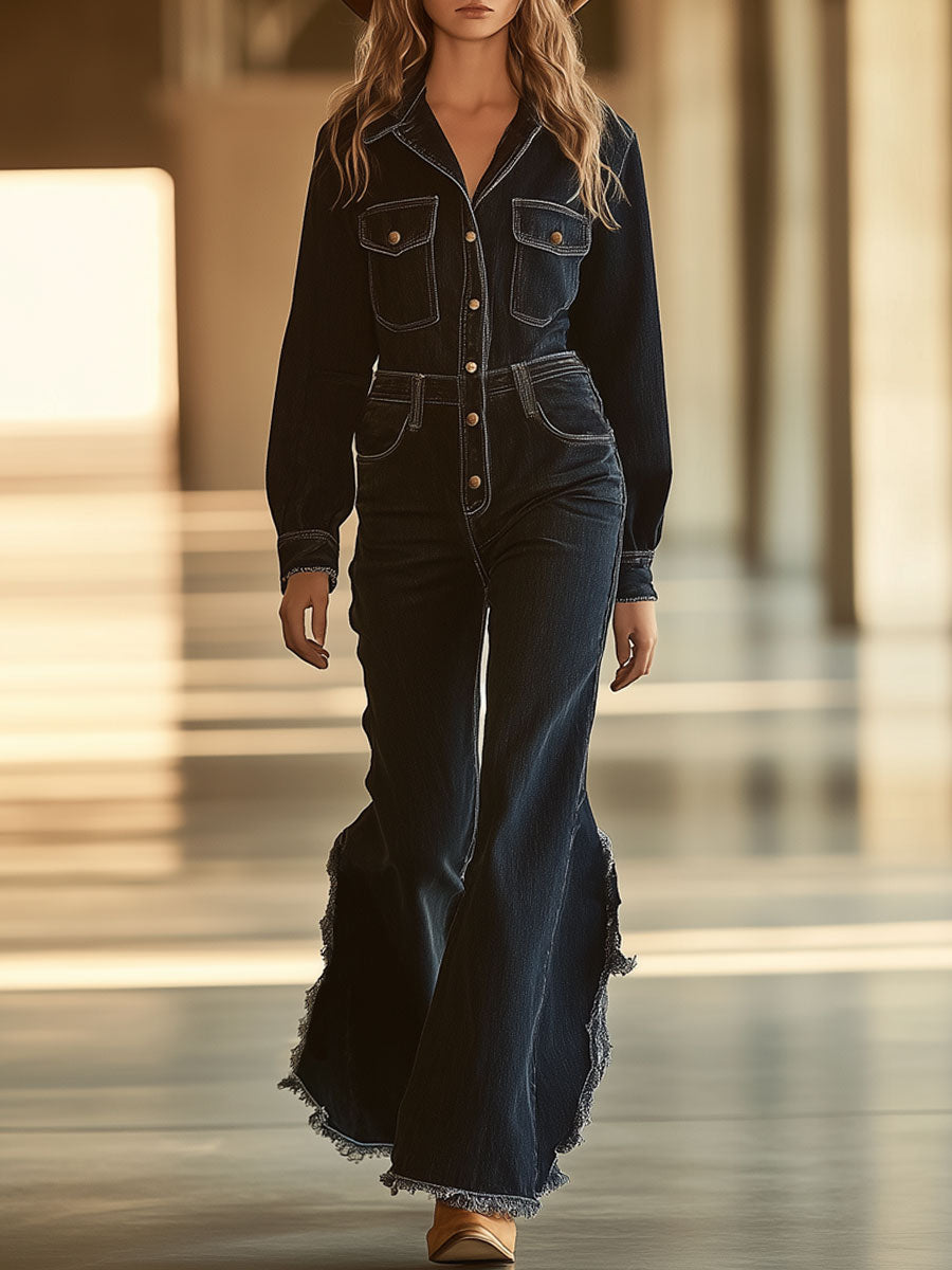 Casual Loose Retro Black Denim Long Sleeve Flared Raw Edge Jumpsuit