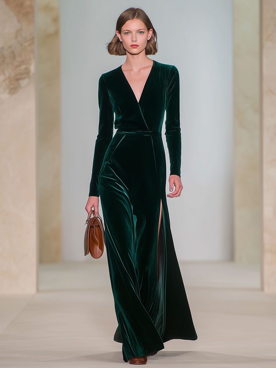 High-End Fashion Dark Green V-Neck Side Slit Velvet Long Skirt
