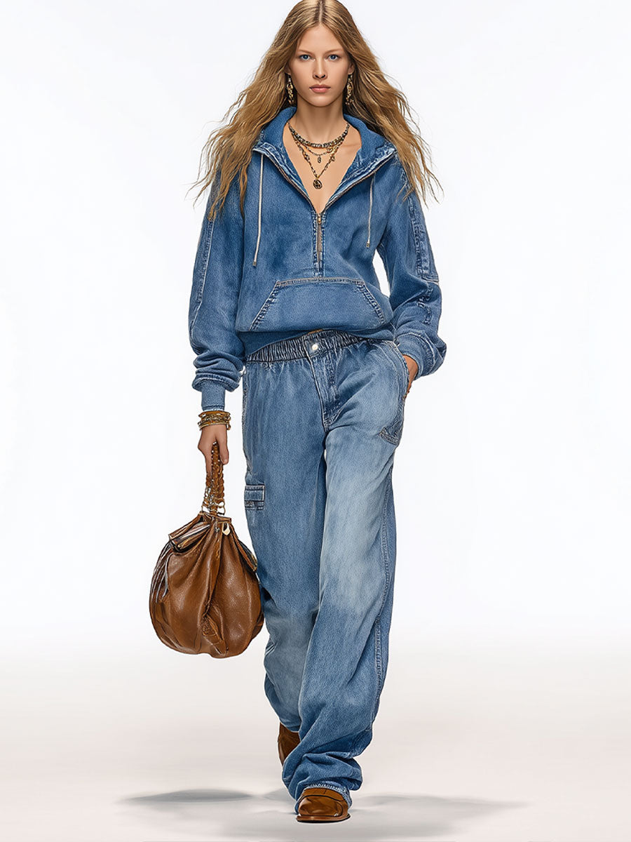 Stylish And Casual Blue Washed Denim Long-Sleeved Hooded Sweatshirt