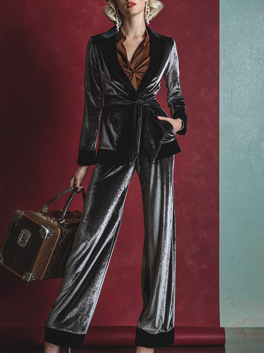 Elegant Loose Gray Velvet Suit Wide-leg Pants Set