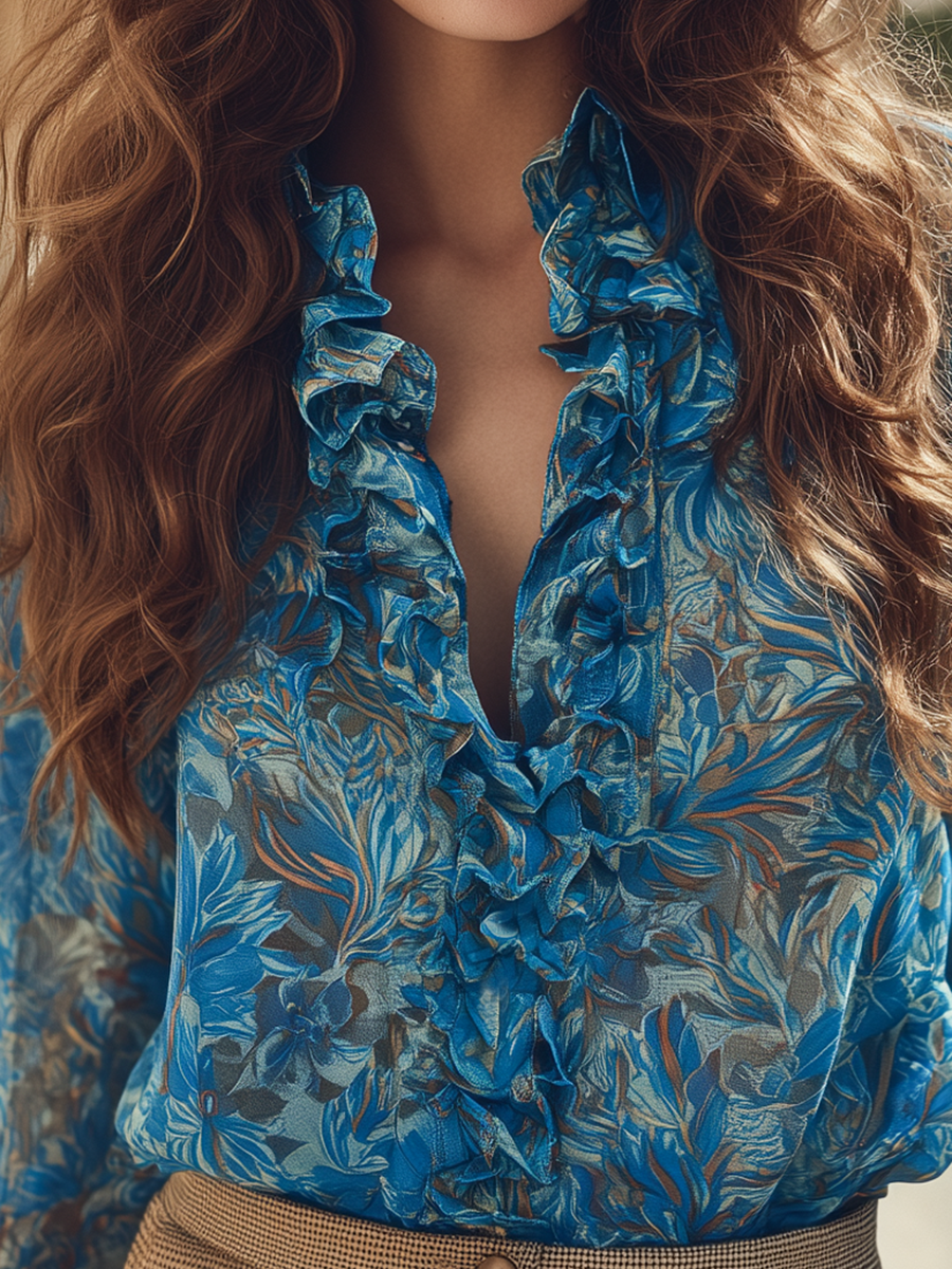 Romantic Bohemian V-neck Ruffled Blue Printed Chiffon Blouse
