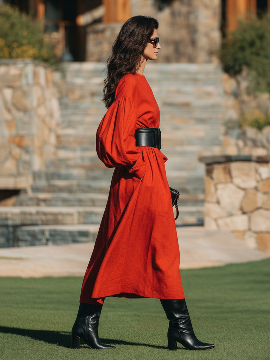 Cotton Resort-style Red Long-sleeved Midi Dress