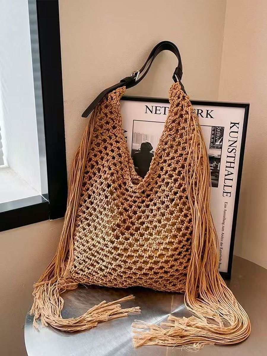 Vacation-style Long-tassel Straw Beach Bag