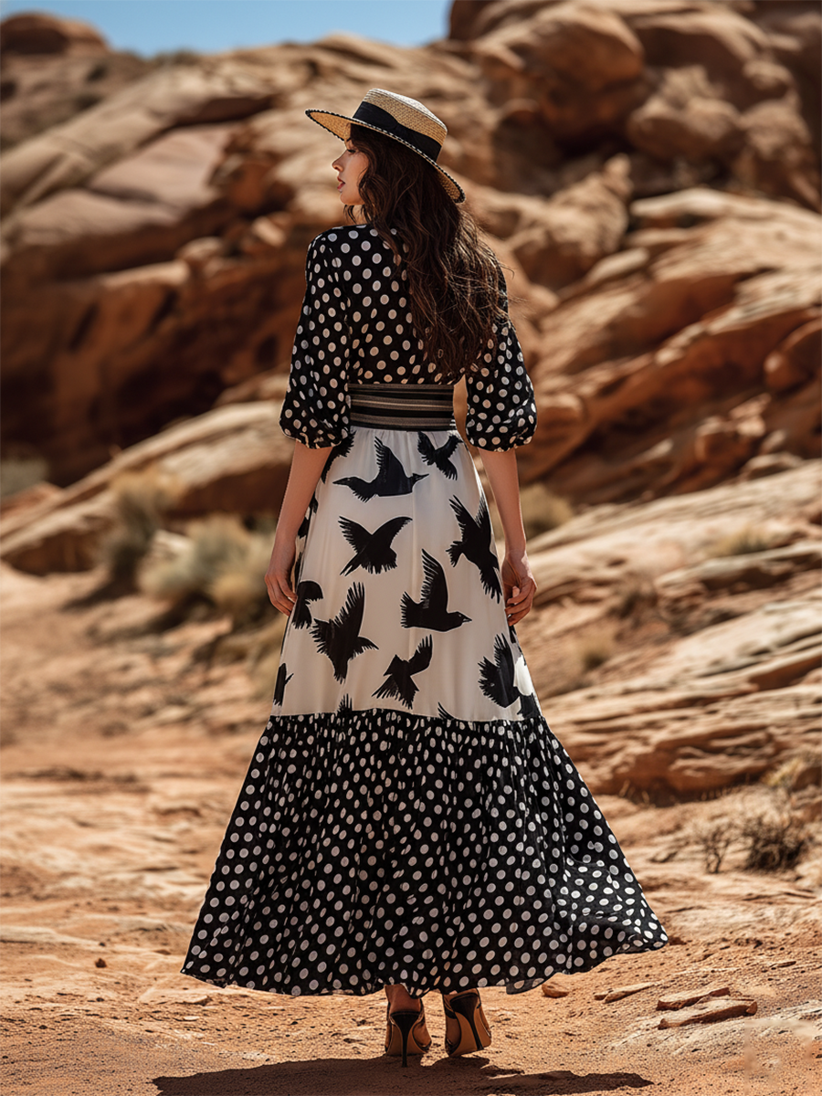 Stylish Vacation-inspired Polka Dot And Seagull Prints Maxi Dress