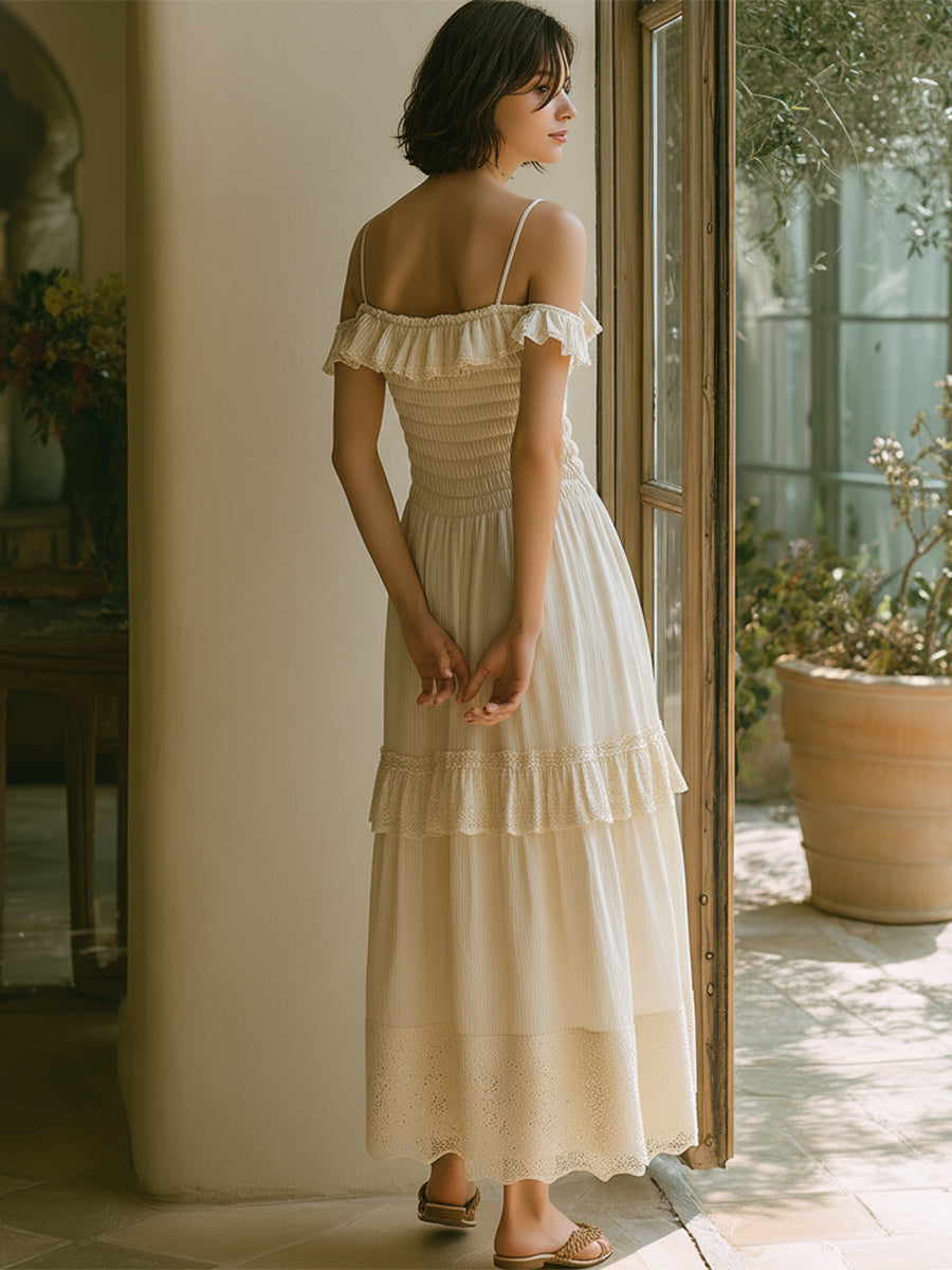 French Romantic Beige Off-the-shoulder Ruffled Lace Midi Dress