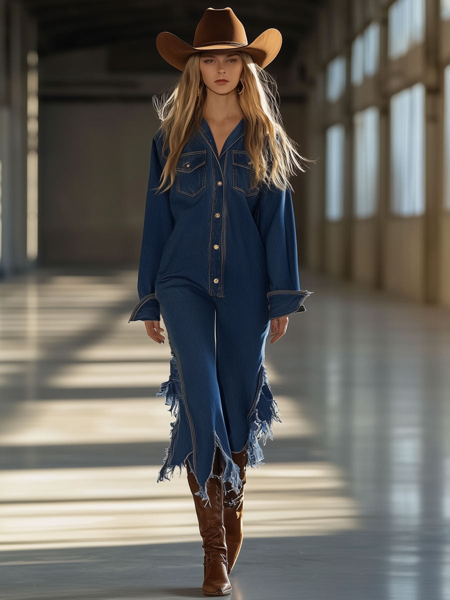 Retro Casual Loose Dark Blue Denim Long-Sleeved Raw Edge Cropped Jumpsuit