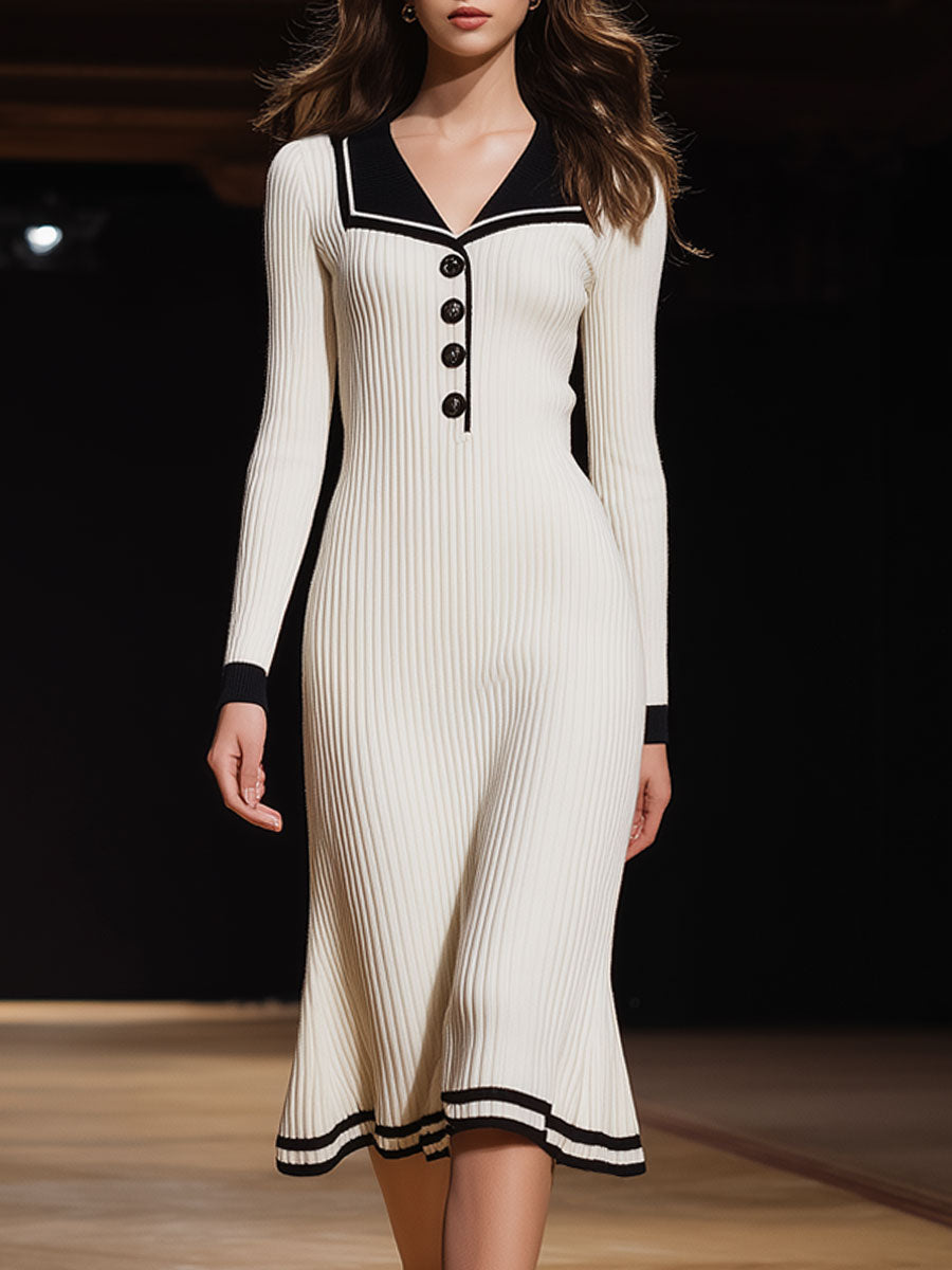 Retro Contrast Collar White Knitted Ribbed Long Sleeve Midi Dress