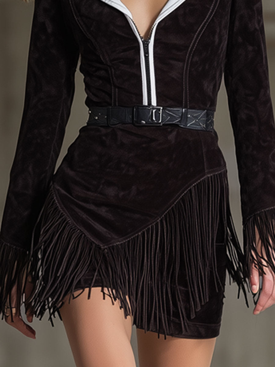 Western Vintage Chocolate Suede White Faux Leather Tassel Lace-Up Mini Dress