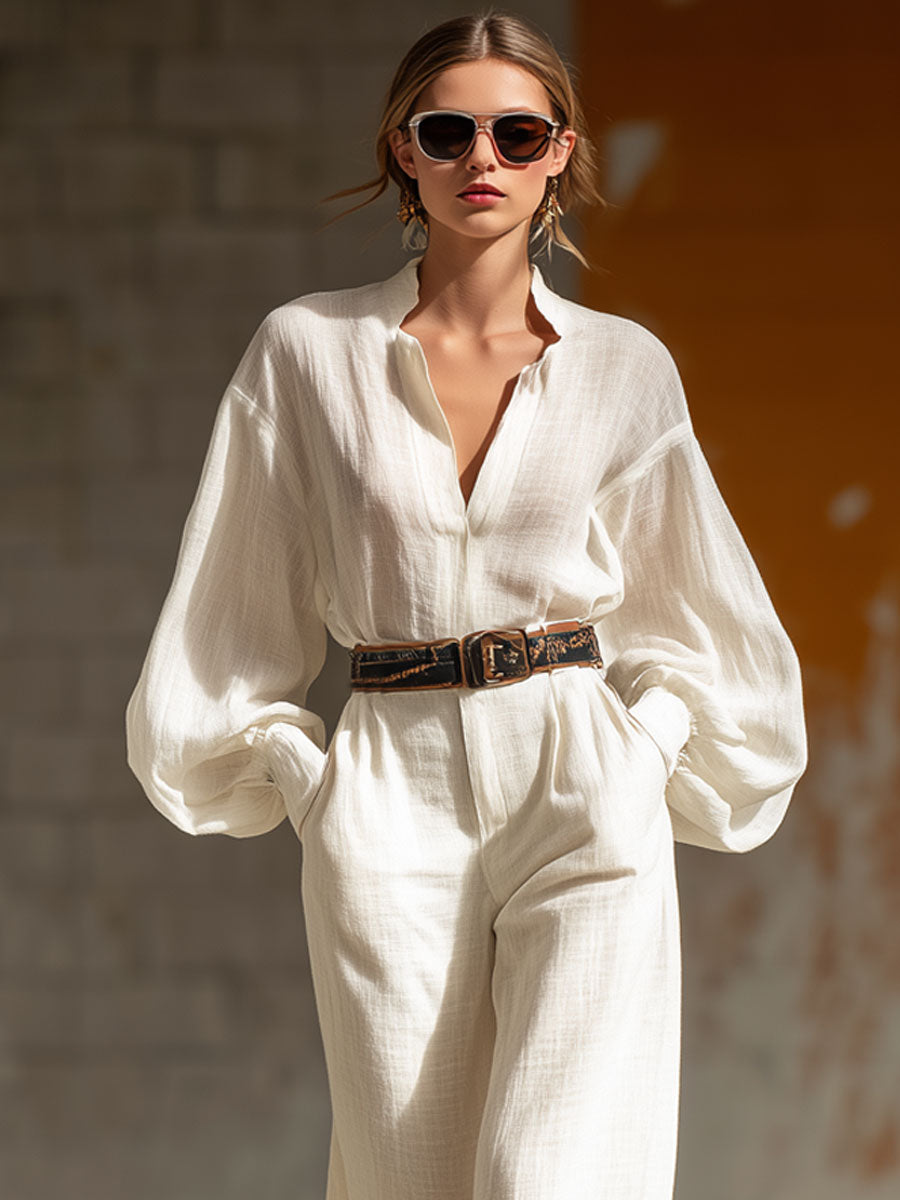 Vintage White Cotton And Linen Lantern Long-Sleeved Lace-Up Wide-Leg Jumpsuit