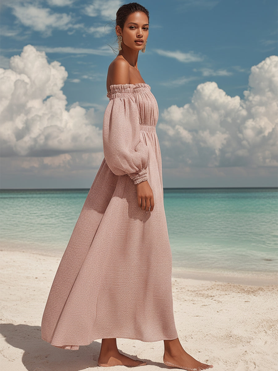 French Romantic Dusty Rose Pink Off-shoulder Puff Sleeve Midi Dress