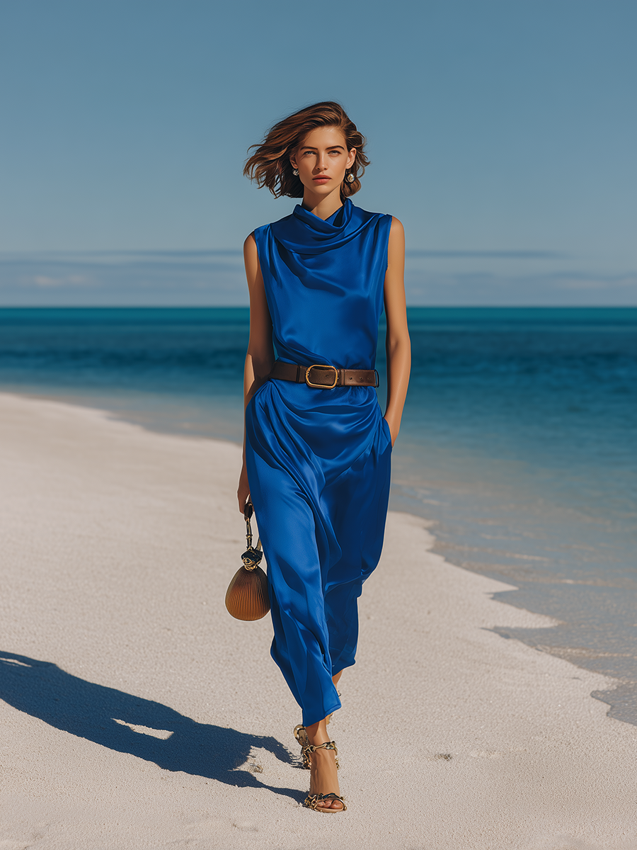 Vacation-style Blue Satin Sleeveless Maxi Dress