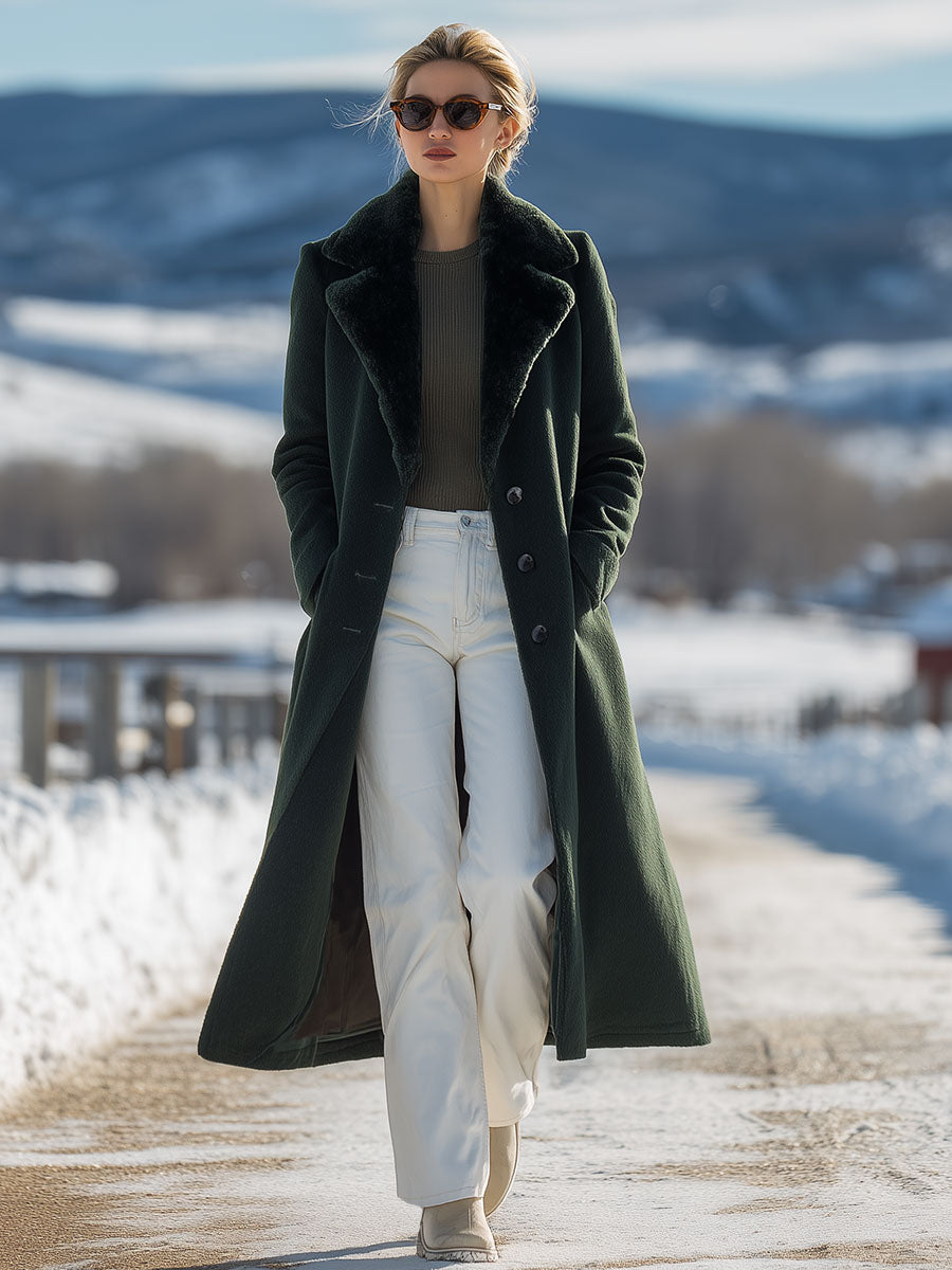 Fashionable And Casual Green Suede Fur Collar Long Coat
