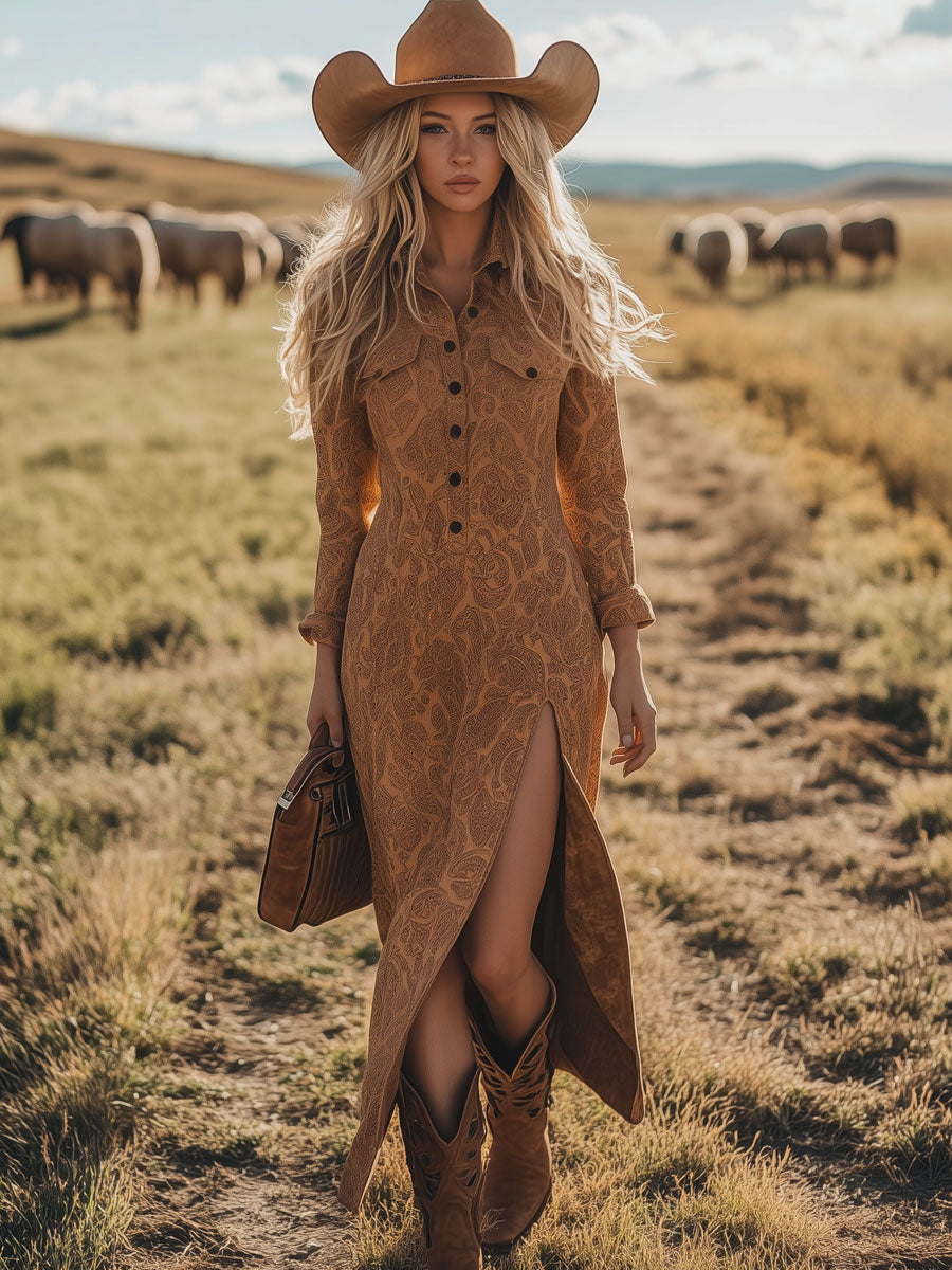 Vintage Long Sleeve Camel Suede Paisley Print Slit Midi Dress
