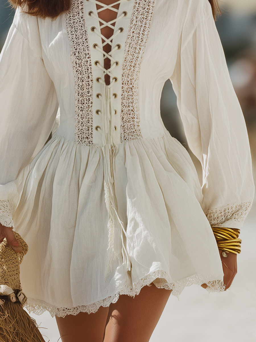 Bohemian Style Lace Patchwork And Tie-up Cotton And Linen Mini Dress