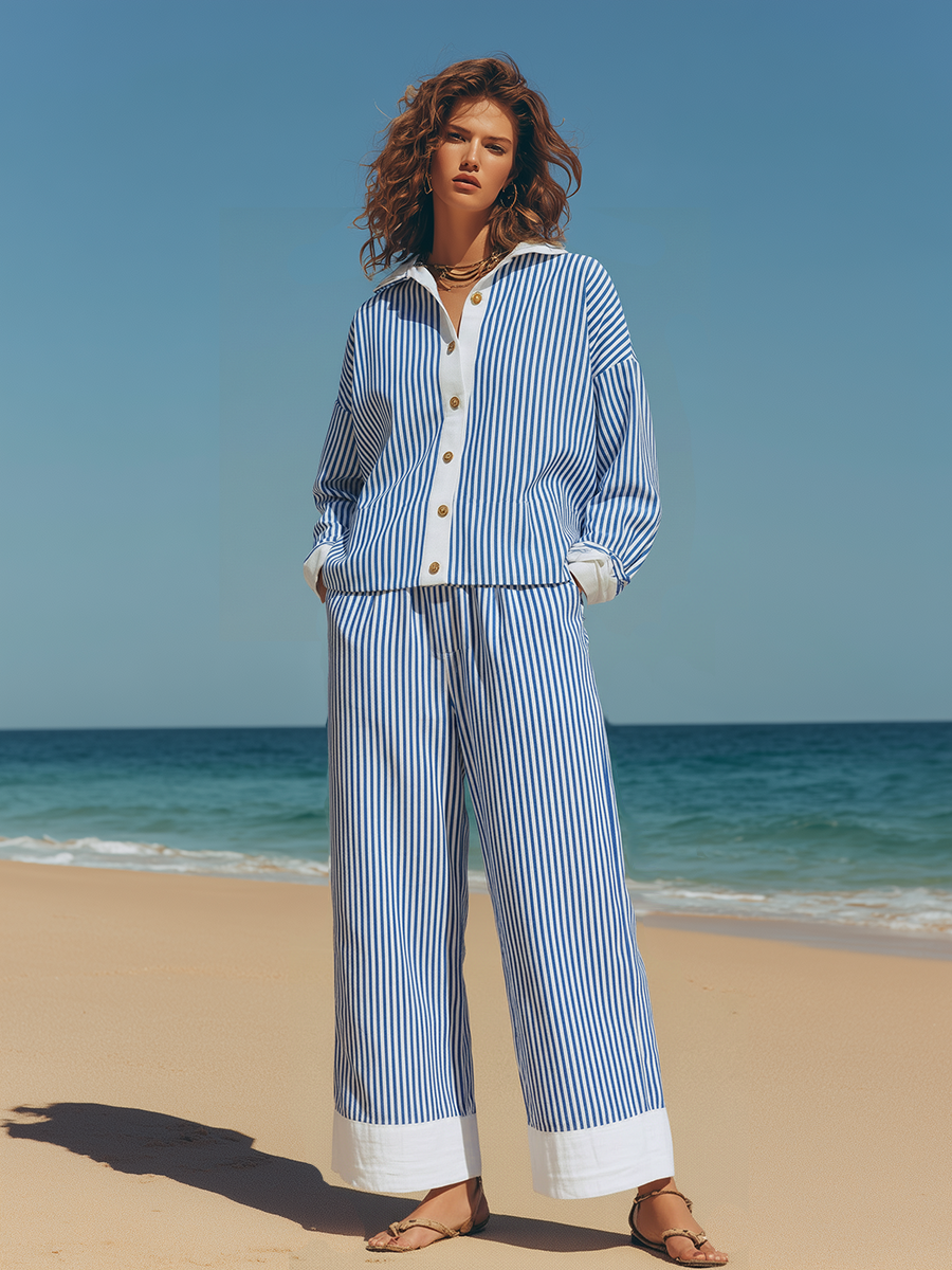 Resort-style Blue And White Striped Long-sleeved Shirt And Wide-leg Pants Set