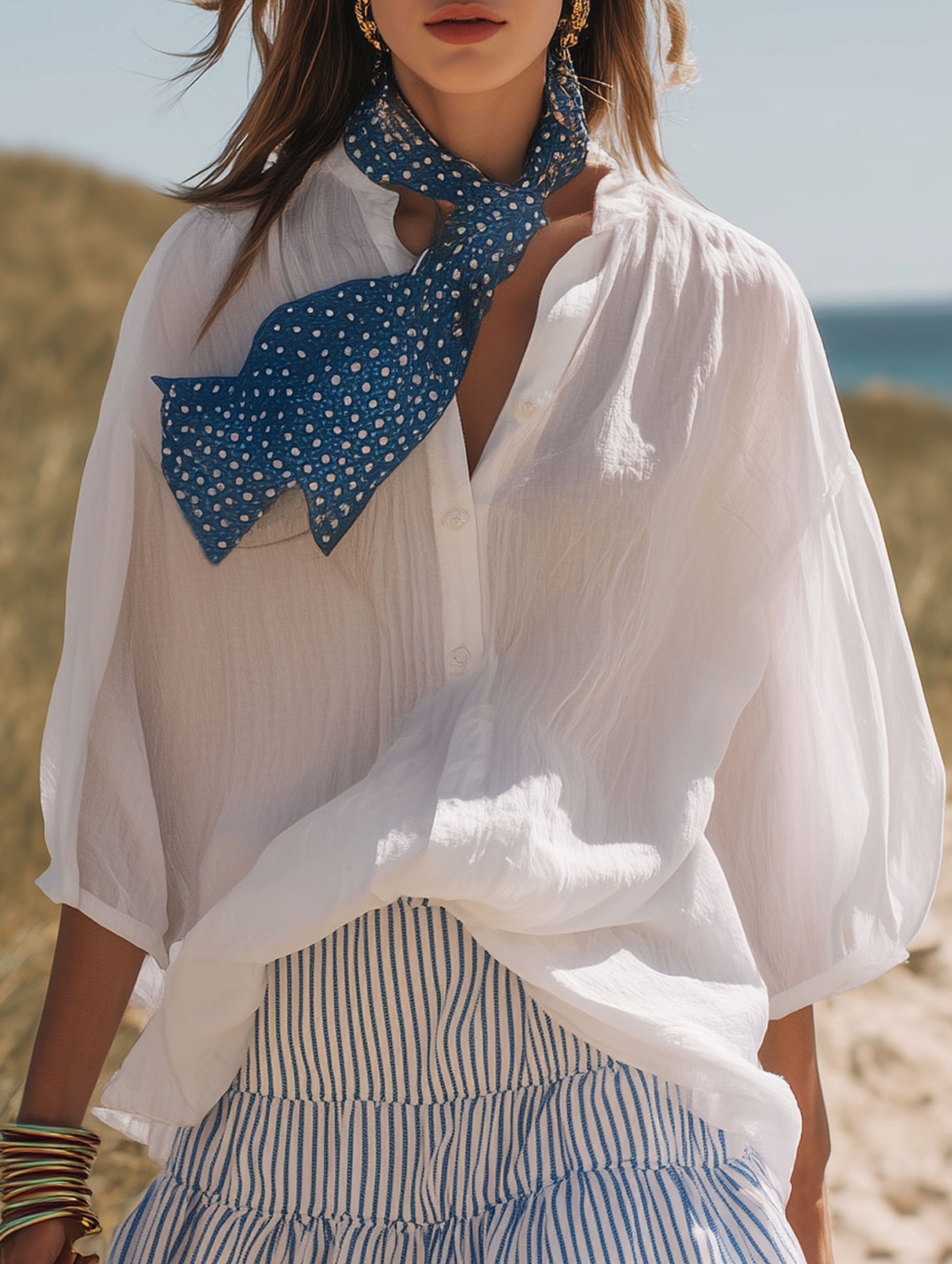 Resort-Style Blue White Striped Chiffon Mini Skirt Short-Sleeved Shirt Scarf Set
