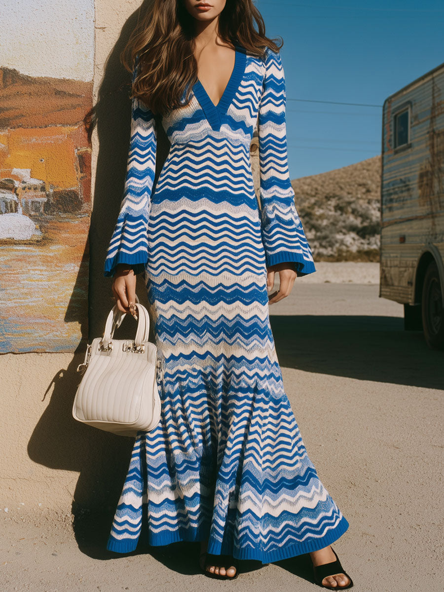 Retro Bohemian Holiday Blue Knitted Wave Pattern Flared Long Sleeve Maxi Dress