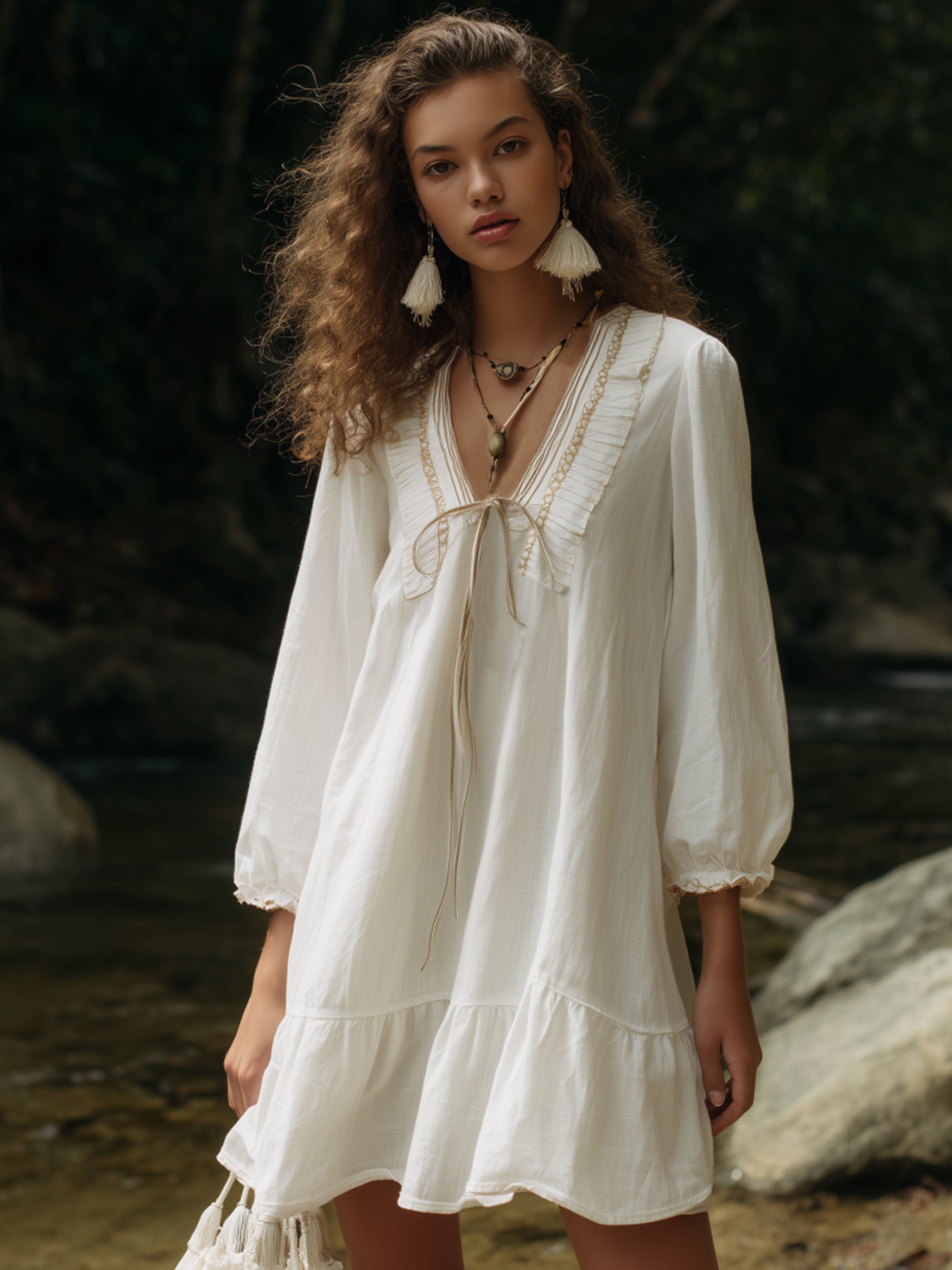 Beach Vacation White Cotton Linen Bubble Sleeve Mini Dress