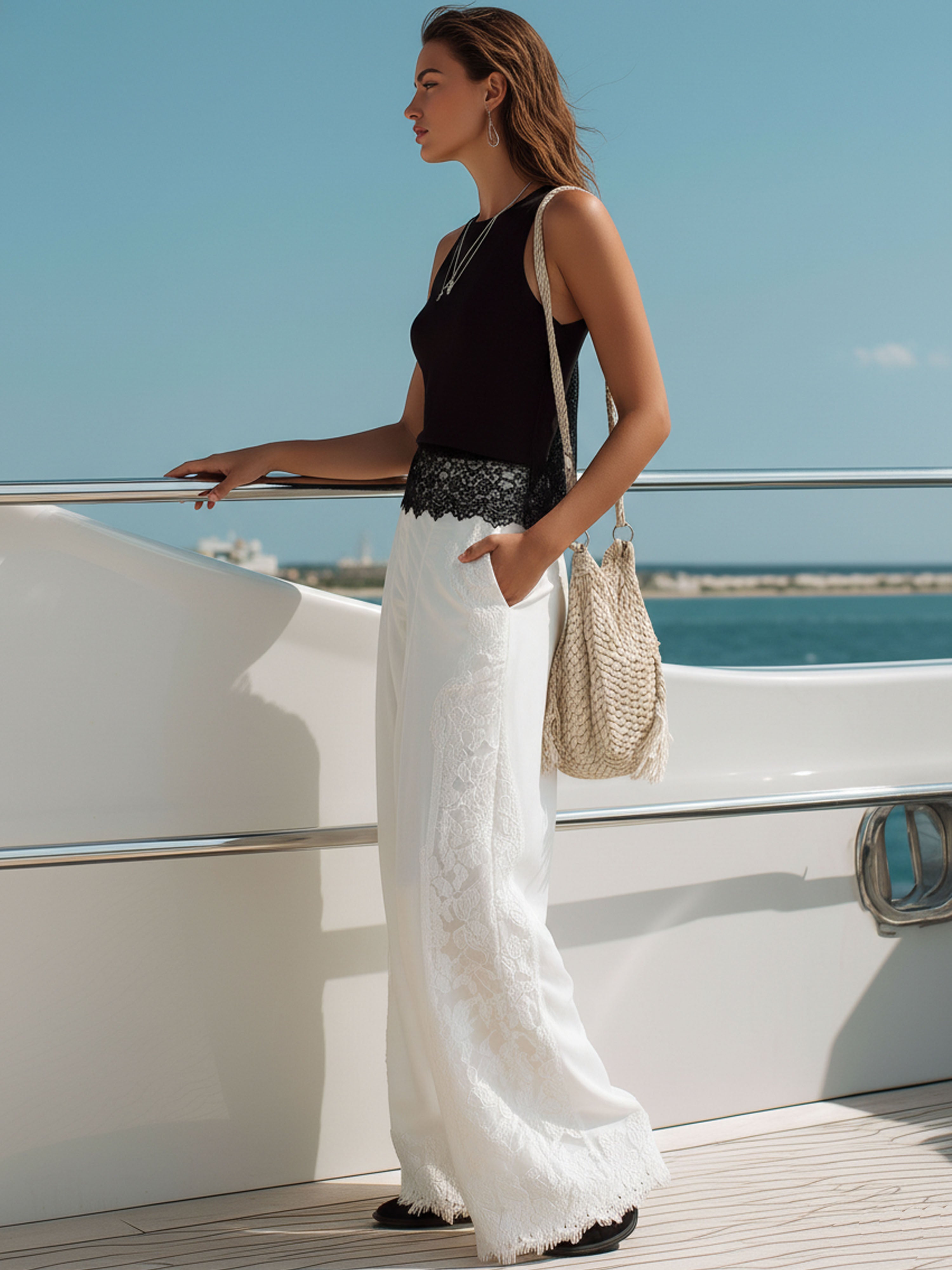Elegant Vacation-Style Black Lace-Trimmed Top And White Trousers Set