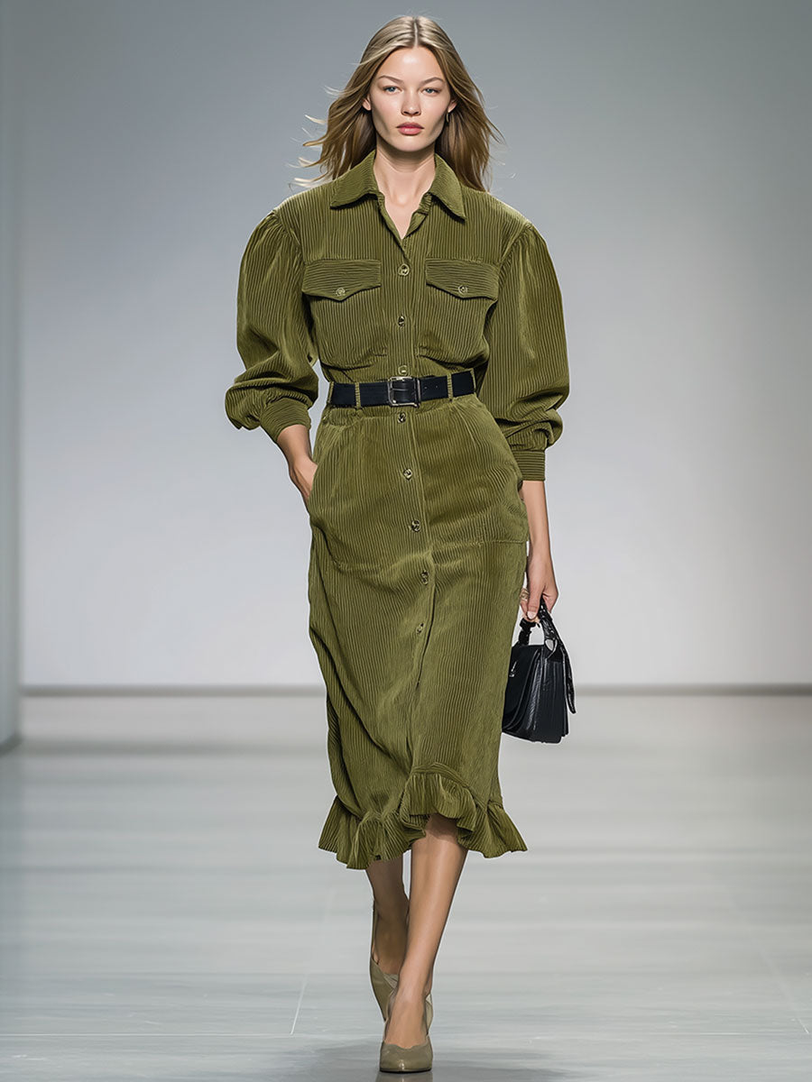 Fashion Retro Green Corduroy Slim Midi Dress