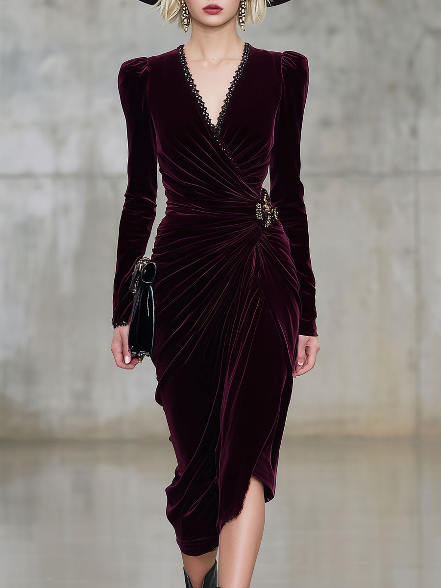Vintage Burgundy V-Neck Velvet Long-Sleeved Midi Dress