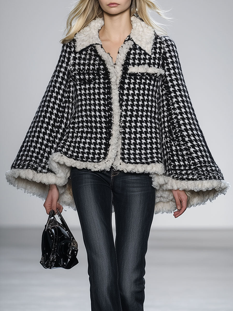 Fashionable Loose Black And White Houndstooth Cape Coat