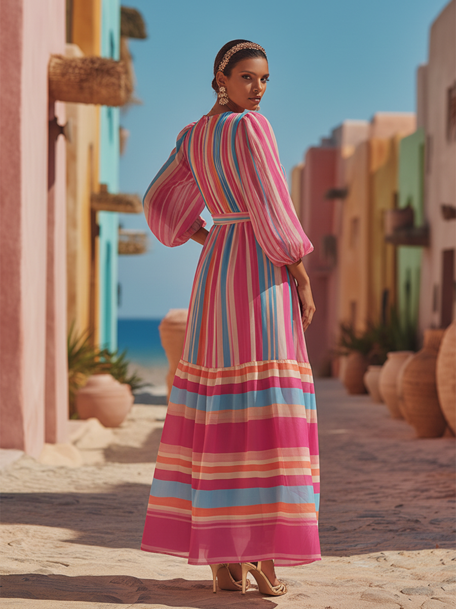 Elegant Bohemian Striped Print Chiffon Maxi Dress