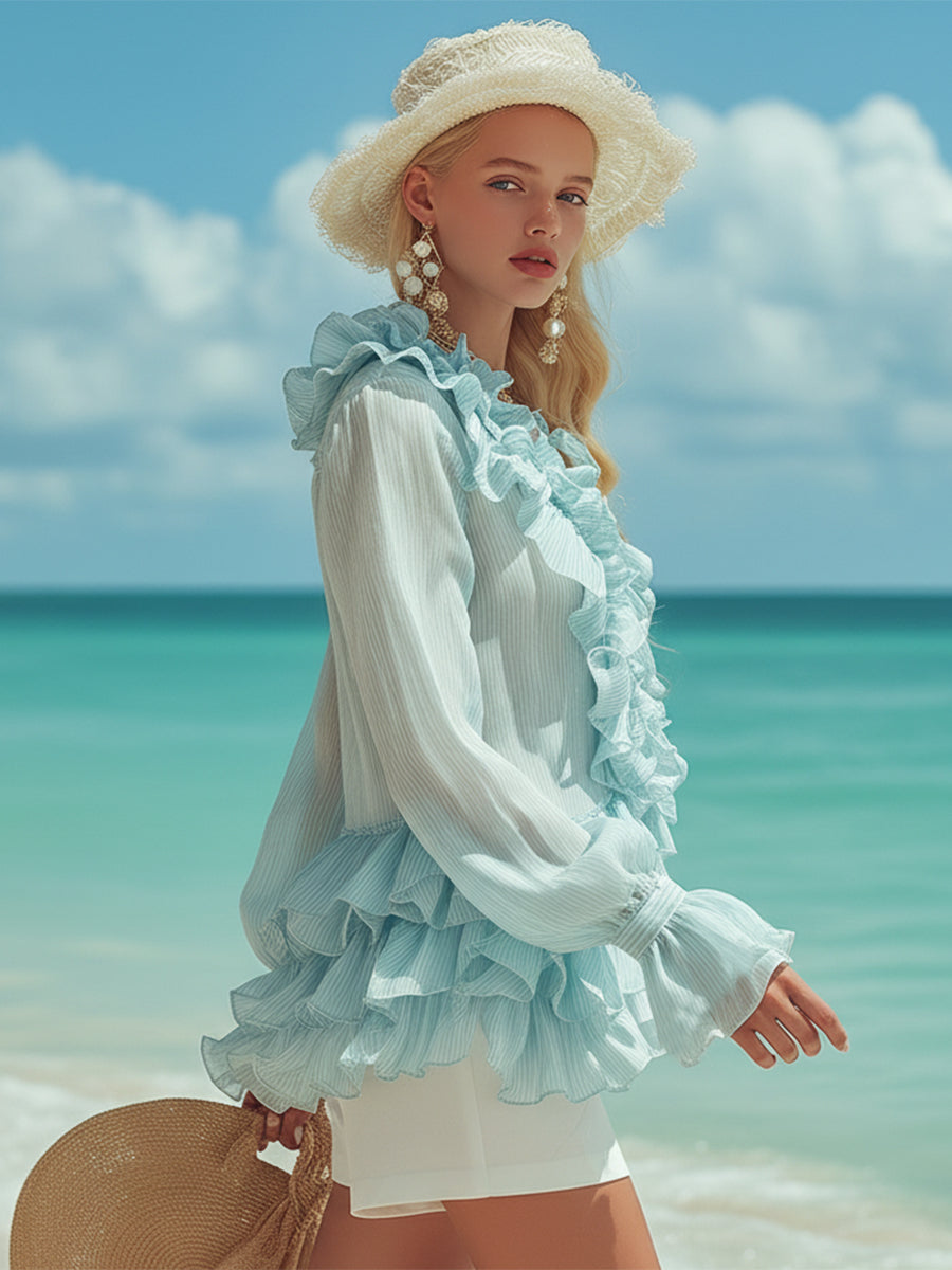 Fashionable Vacation Light Blue Ruffled Chiffon Blouse