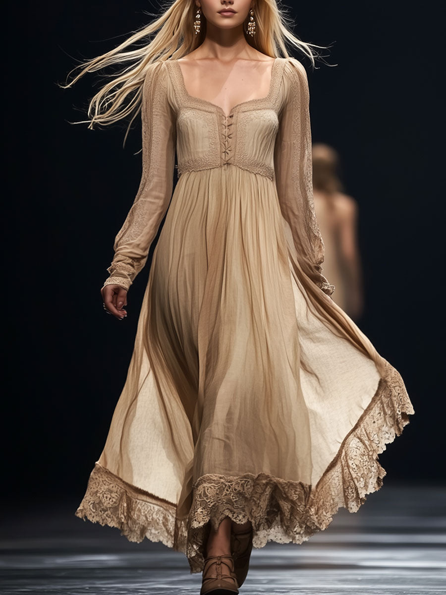 Elegant And Romantic Champagne Chiffon Lace Long-Sleeved Maxi Dress