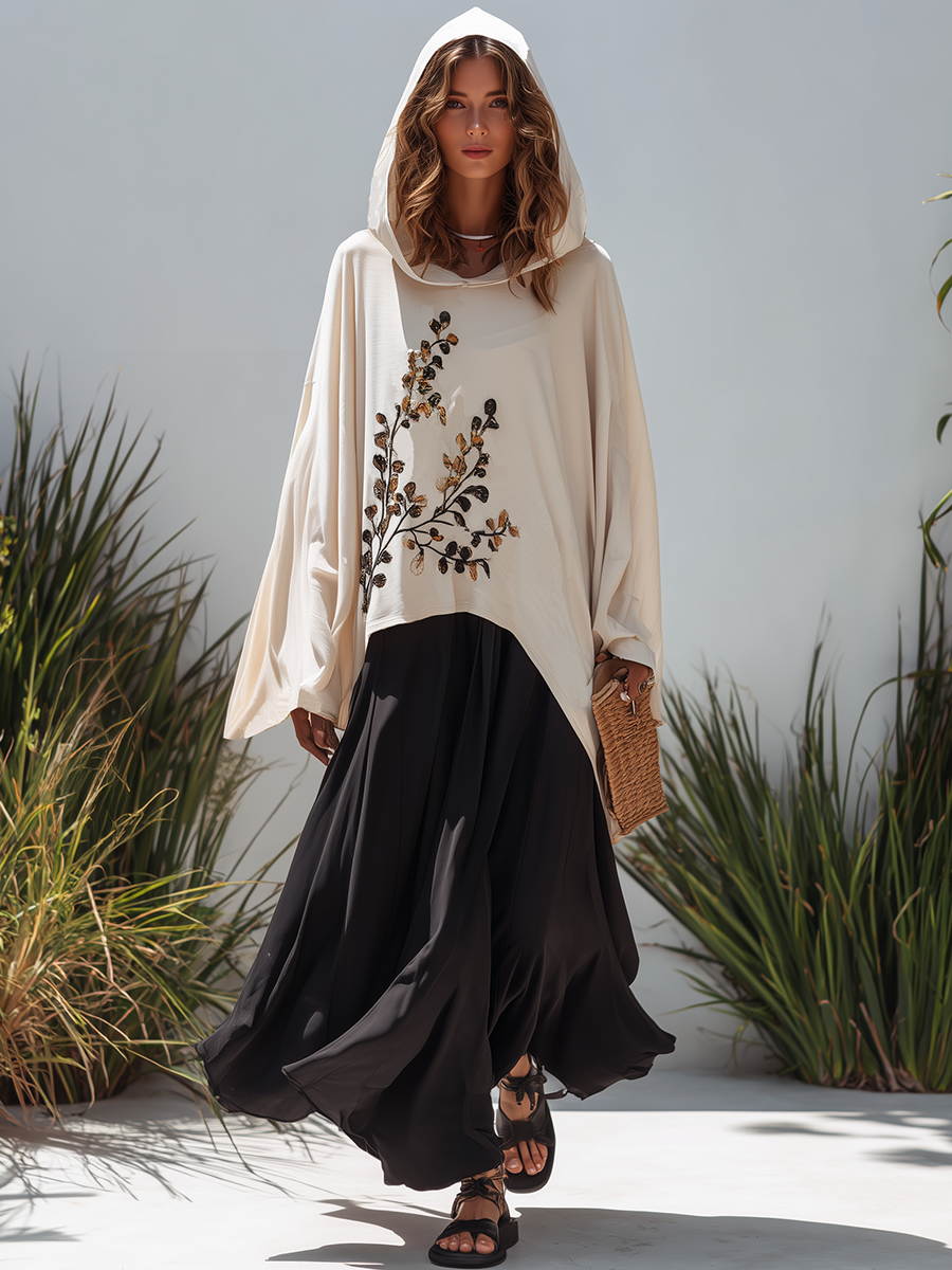 Vacation-style Hooded Embroidered Top And Skirt Set