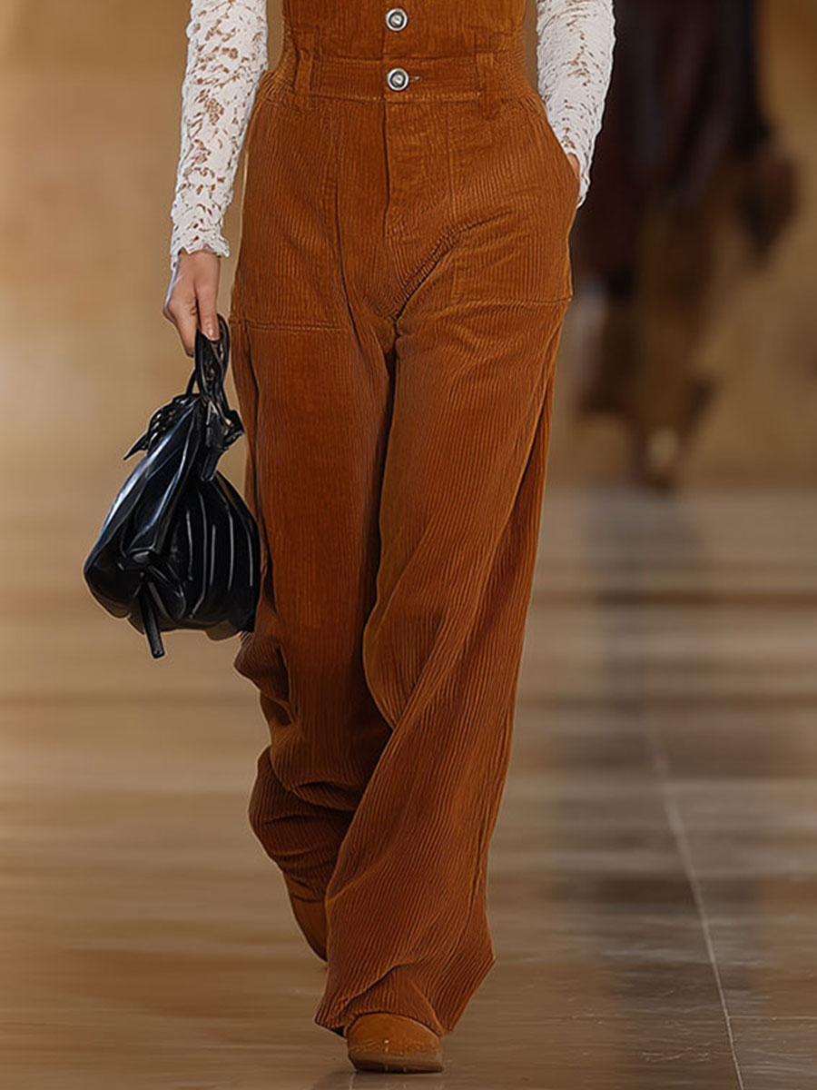 Retro Fashion Caramel Brown Corduroy Overalls