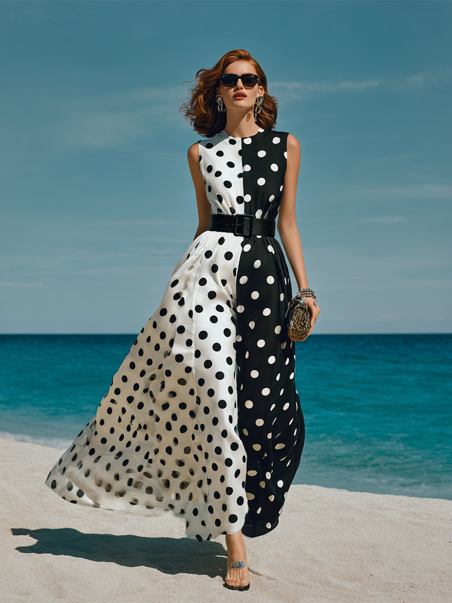 Round-neck Sleeveless Polka-dot Maxi Dress