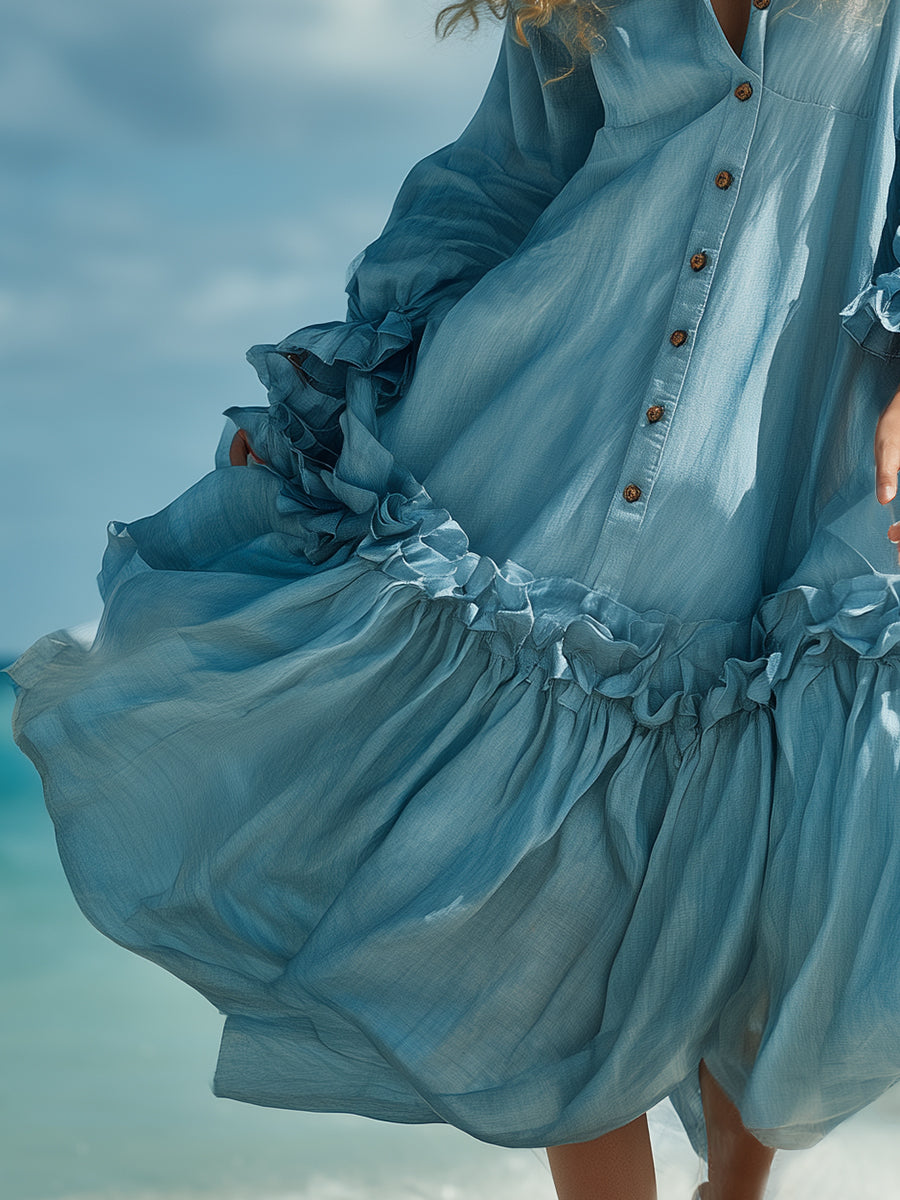 Fashionable Vacation Button Detail Light Blue Long-sleeved Maxi Dress