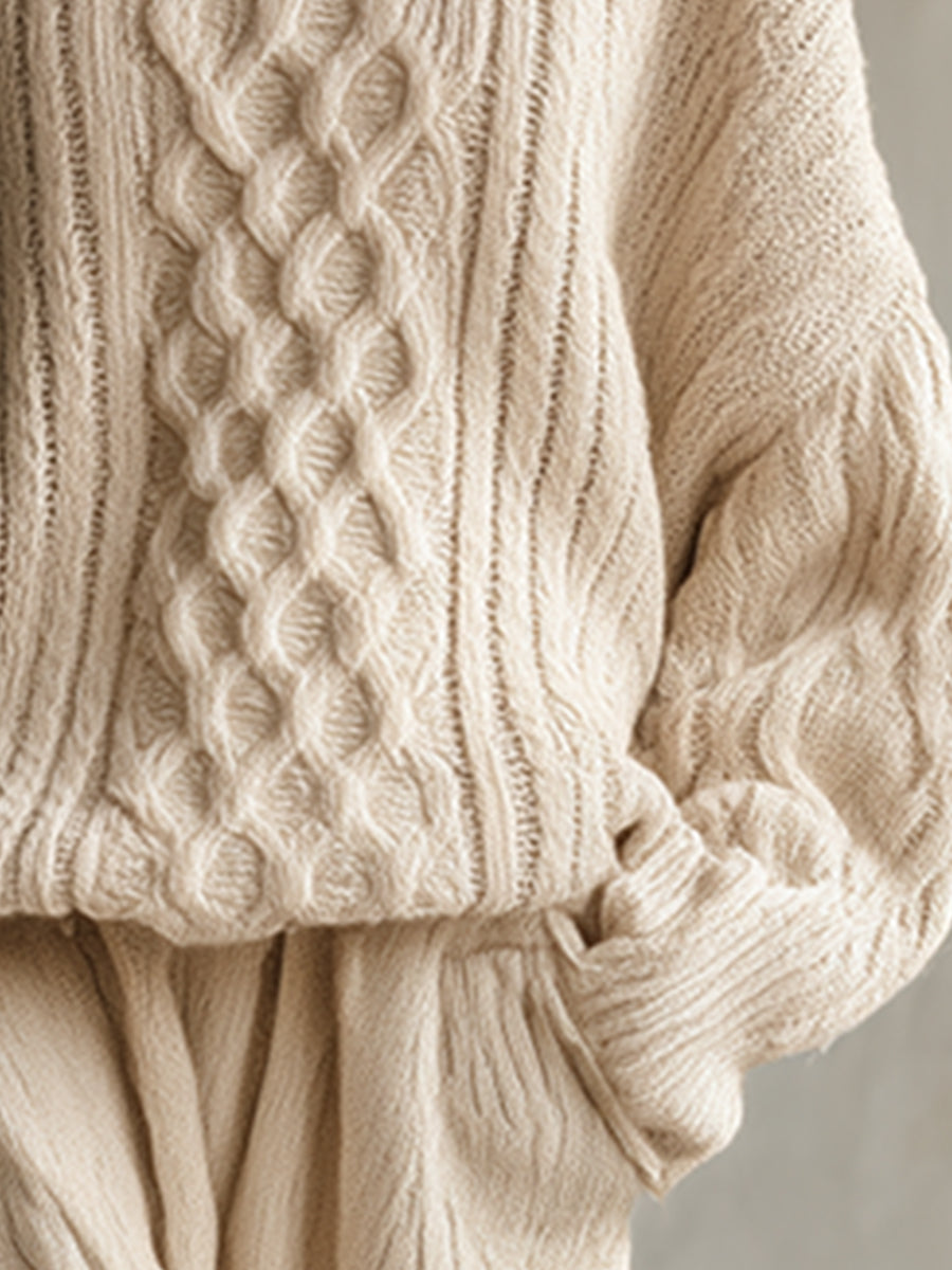 Elegant Loose Turtleneck Off-white Cable Knit Sweater