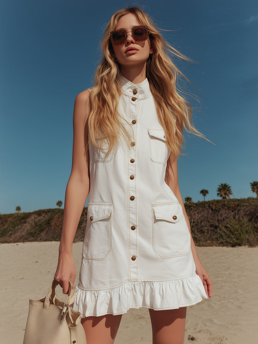 Casual Vacation White Denim Button-down Ruffle Sleeveless Mini Dress