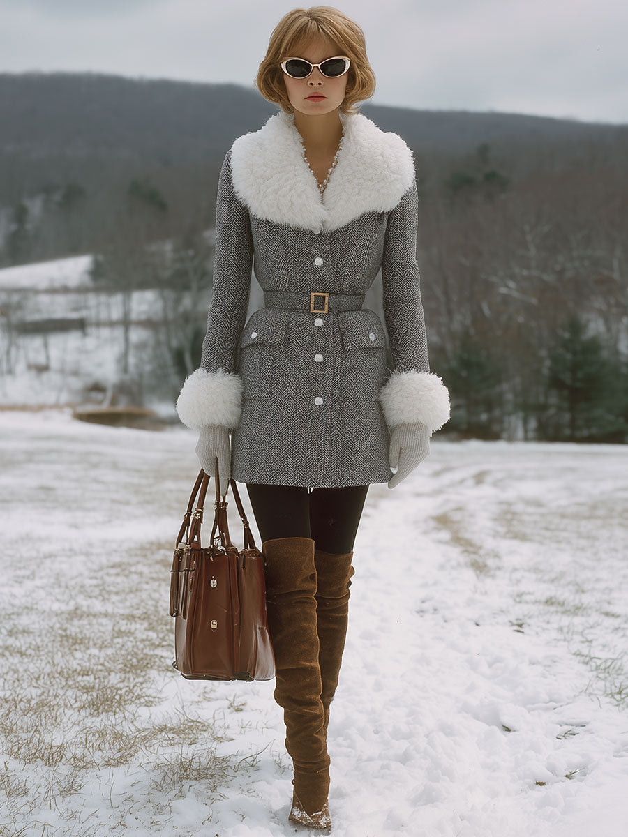 Luxury Waterproof Mink Collar Long Herringbone Wool Coat