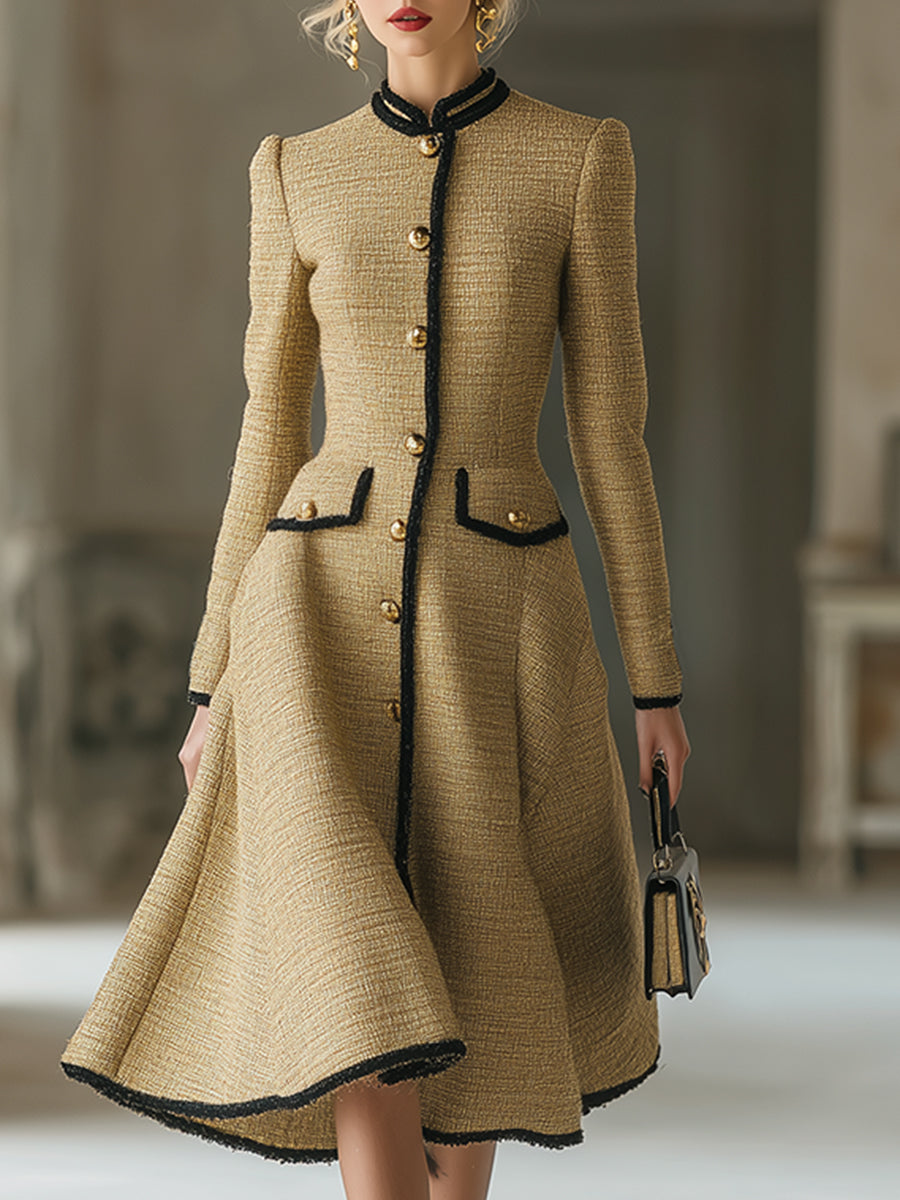Elegant Commuter Light Yellow Tweed Hem Long-sleeved Midi Dress