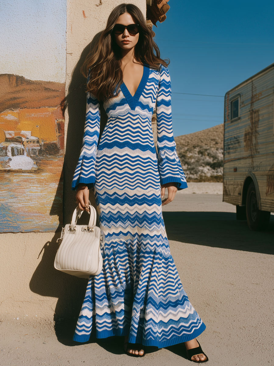 Retro Bohemian Holiday Blue Knitted Wave Pattern Flared Long Sleeve Maxi Dress
