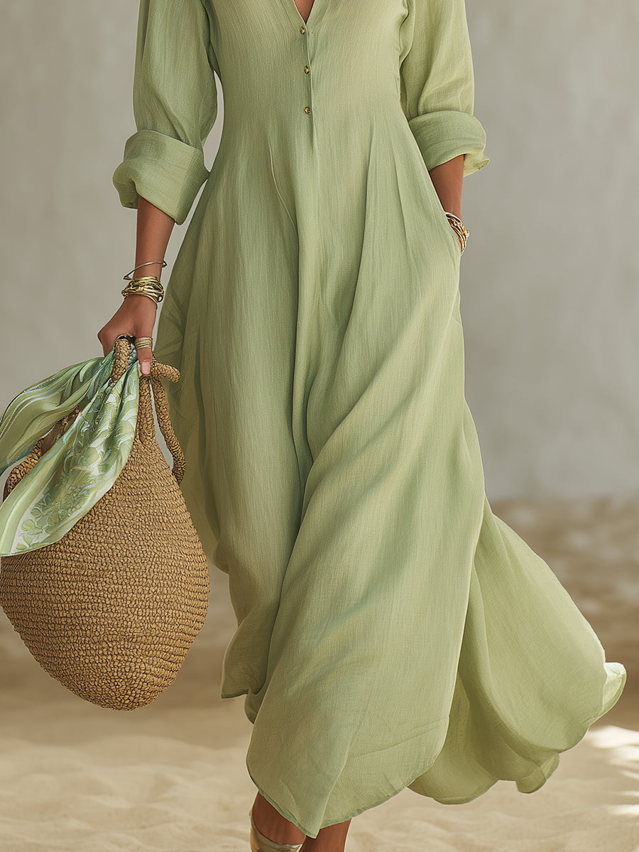 Minimalist Casual Light Green Cotton Linen Long Shirt Midi Dress